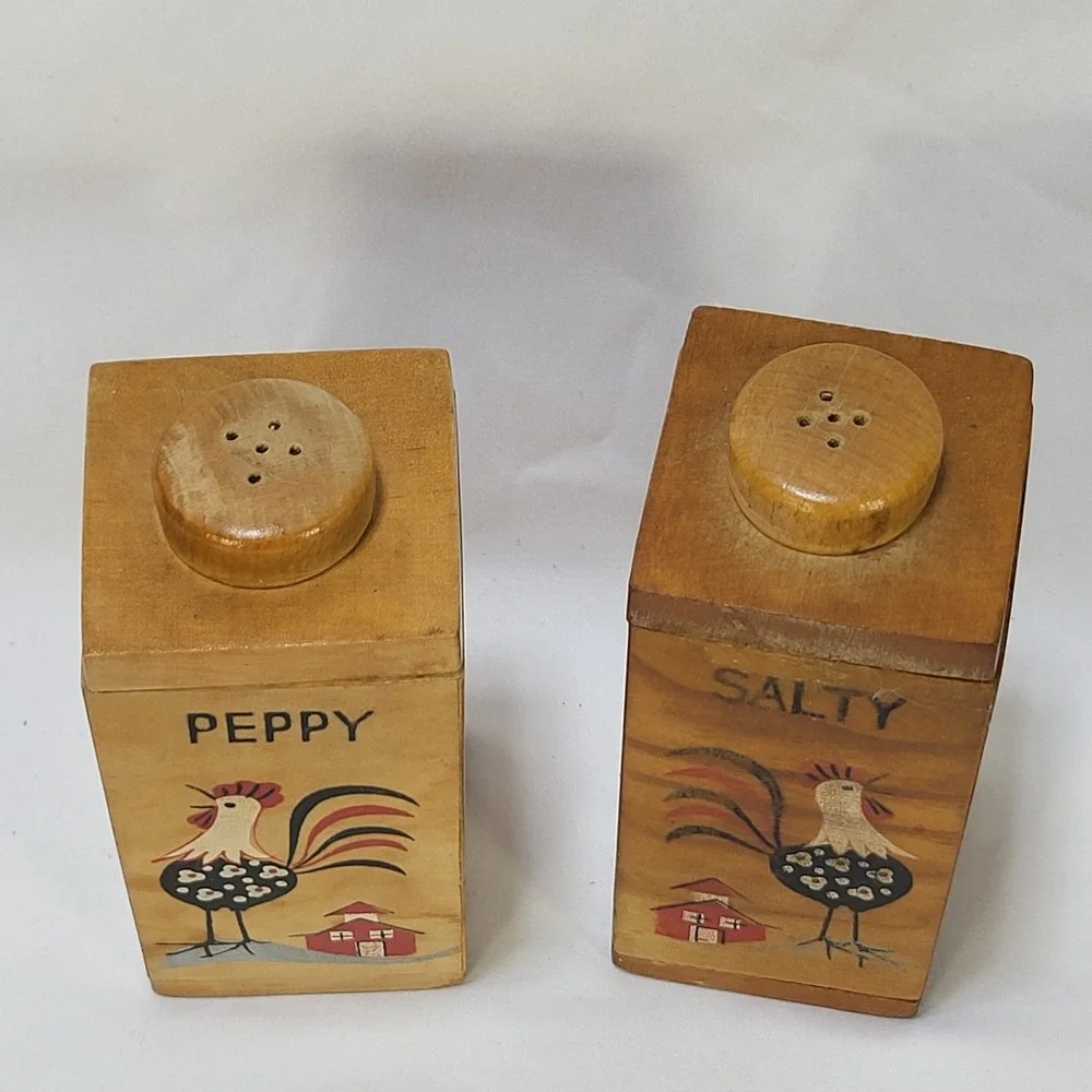 Vintage Japan Salty Peppy Wood Rooster Salt Pepper Shakers MCM Kitsch 5.5in